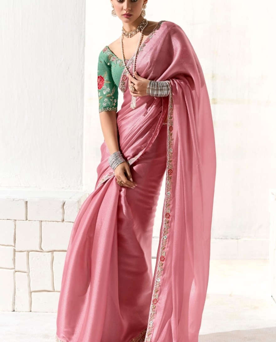 2224 - AMAZING LIGHT PINK BORDER WROK TISSUE SILK ENGAGEMENT WEAR SAREE